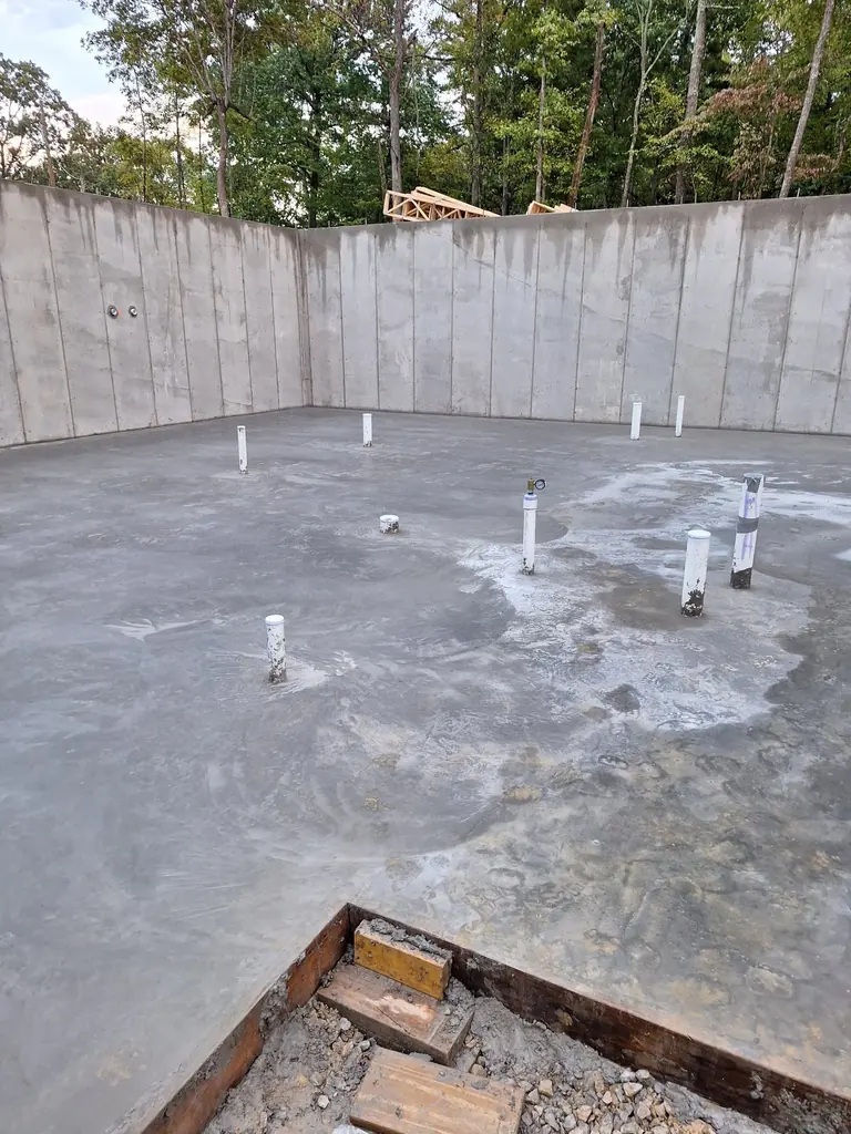 Basement slab poured inside tall block foundation walls in Knoxville, Tennessee